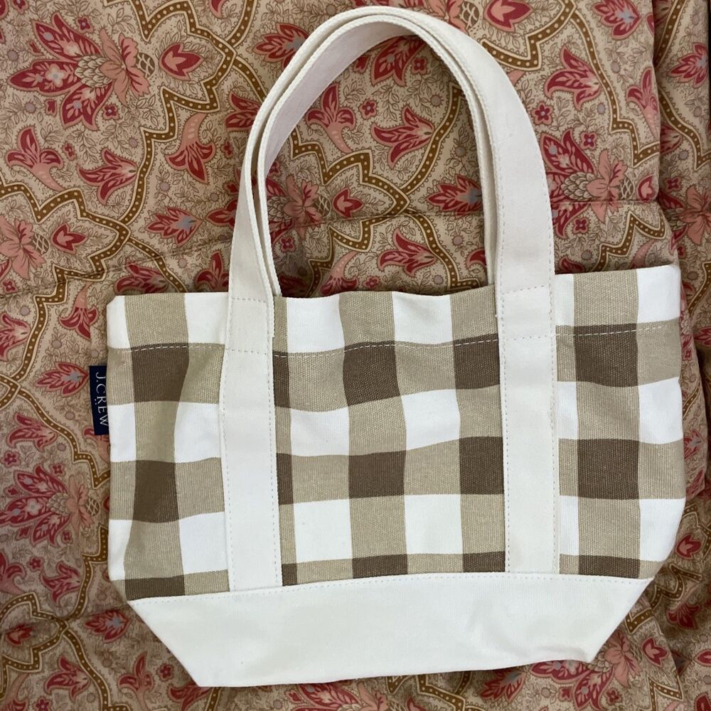 J.Crew Mini Canvas Tote Bag Womens Y2K Micro Handbag Gingham Neutral Cottagecore